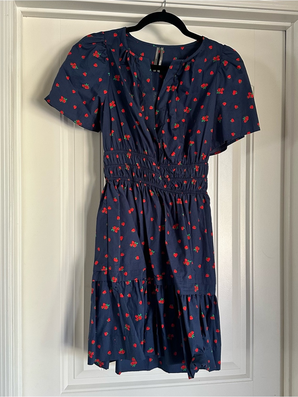 Anthropologie Navy Cherry Print Short Sleeve Dress
